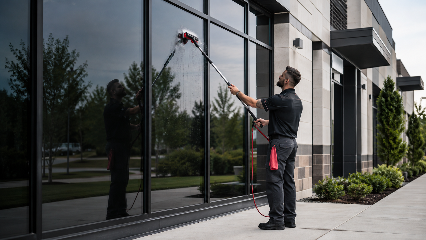 A professional cleaning the glass of a modern commercial building