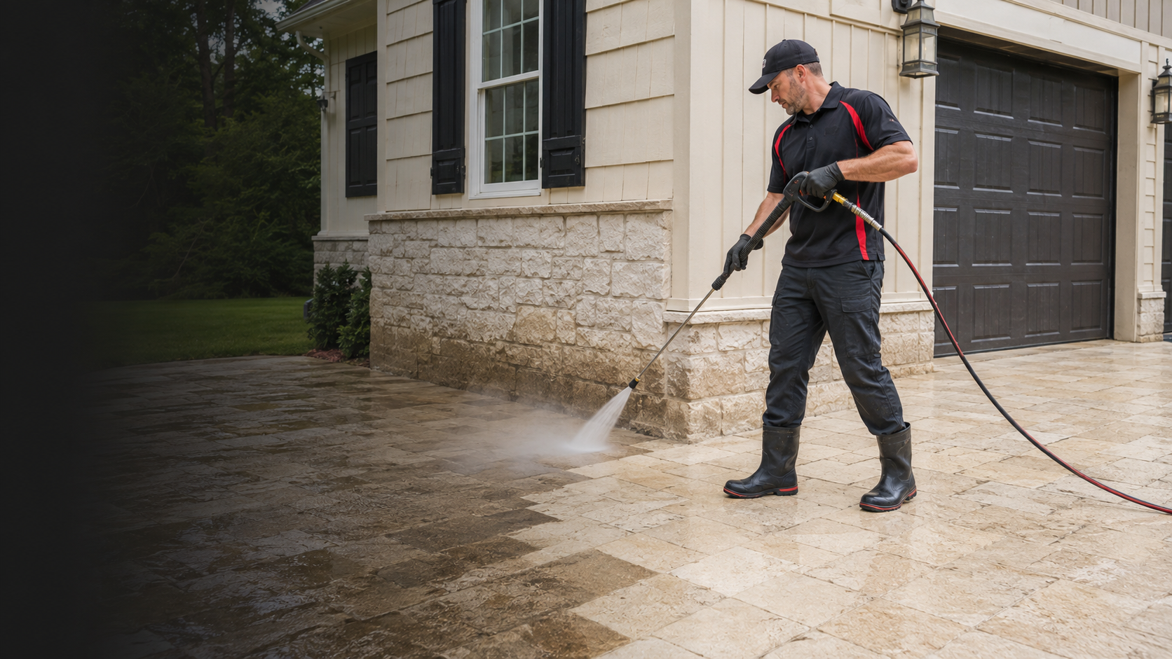 A professional exterior cleaning technician pressure washing a Missouri property