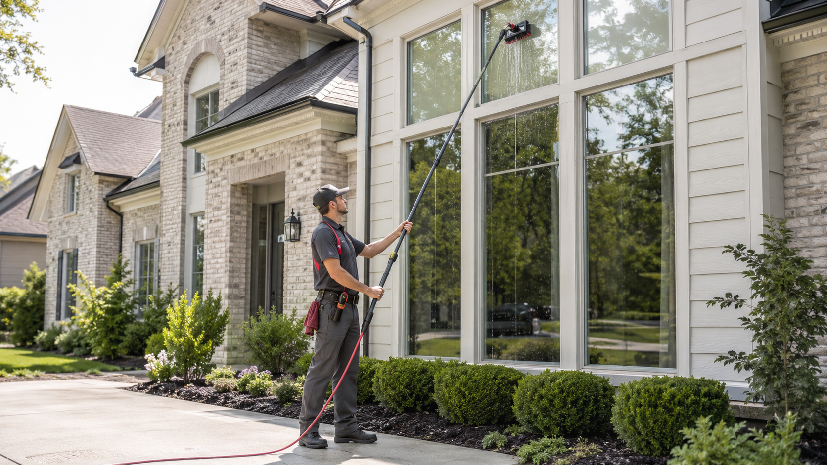 A professional using a water-fed pole to clean the windows of a Missouri home